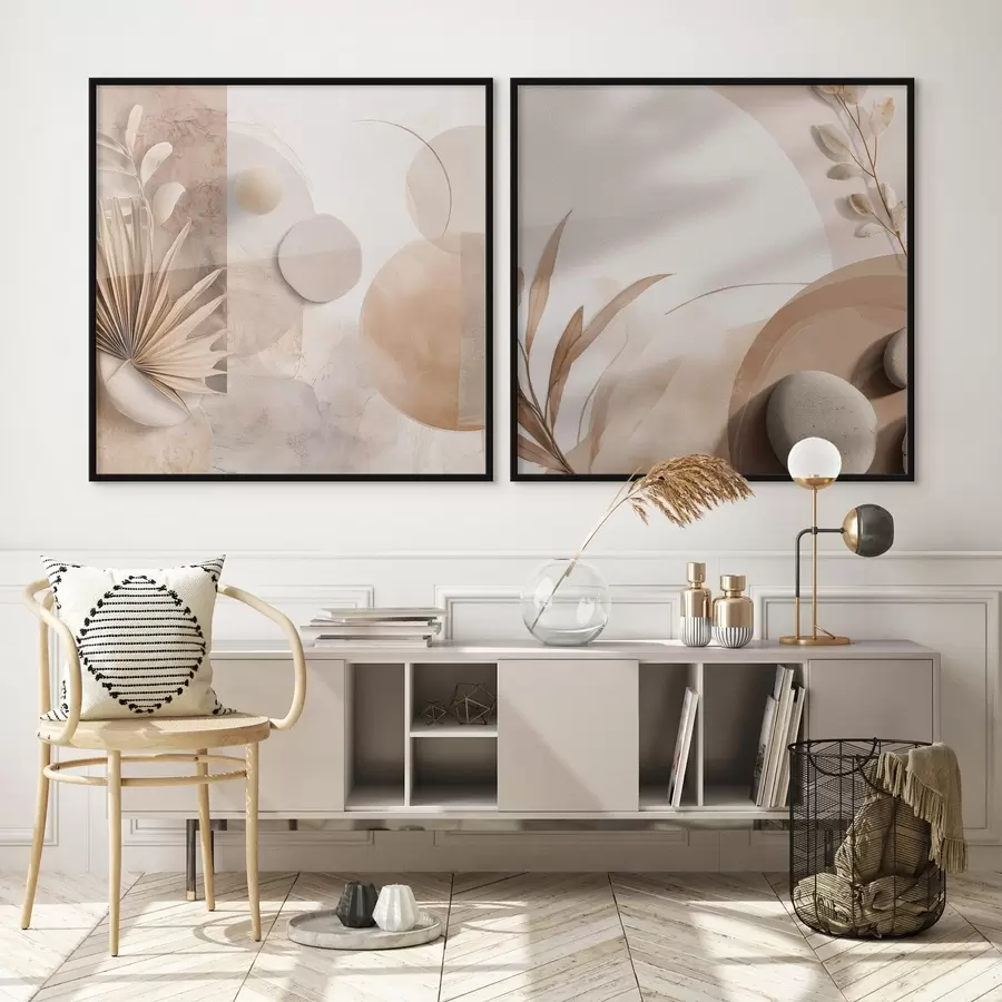 Fotobehang Twee doeken met gedroogde bladeren en gestructureerde vormen d00893