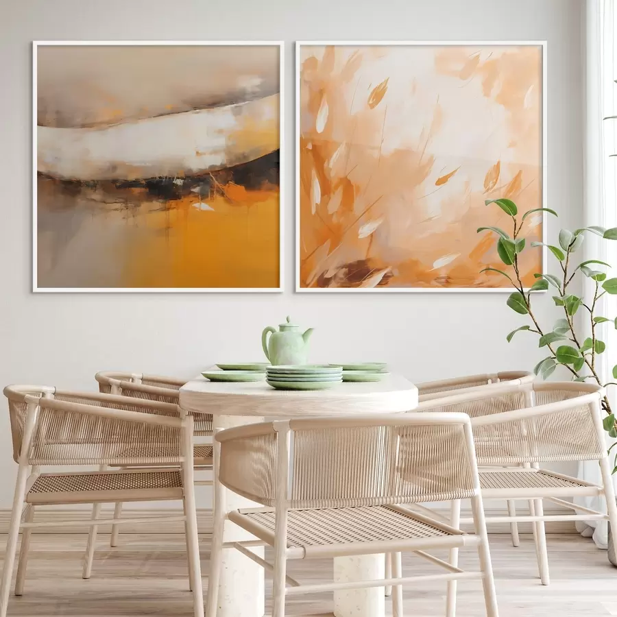 Fotobehang Abstract tweeluik in olieverfstijl met geeloranje en zwarte tinten d00897