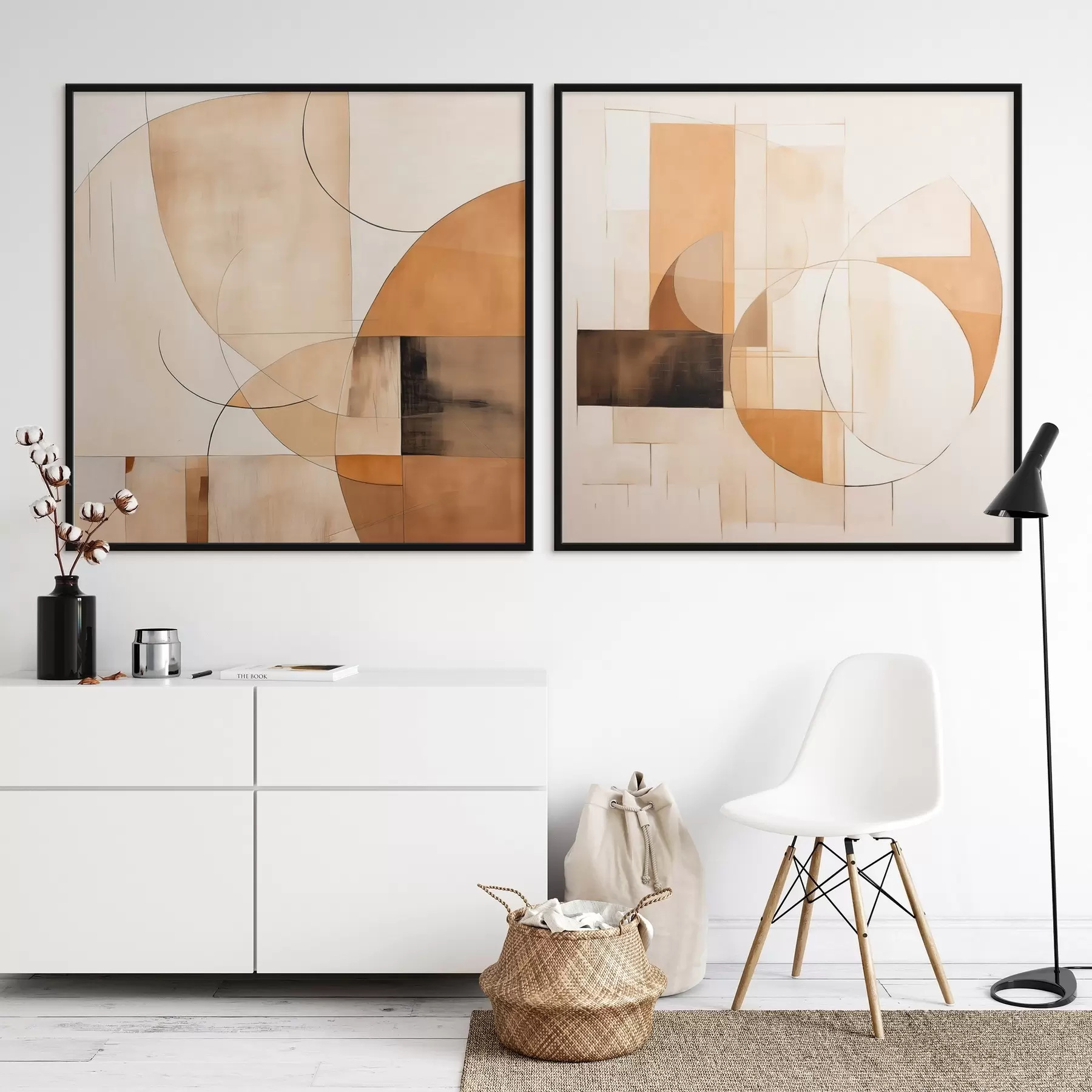  Schilderijen Moderne abstractie met cirkels en lijnen in koffiekleuren met melk d00898