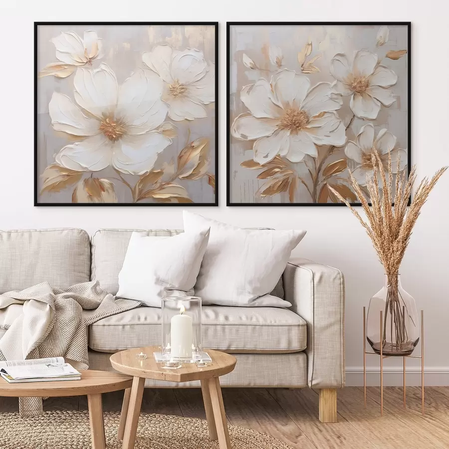 Fotobehang Tweeluik met grote bloemen in lichte, warme kleuren d00927