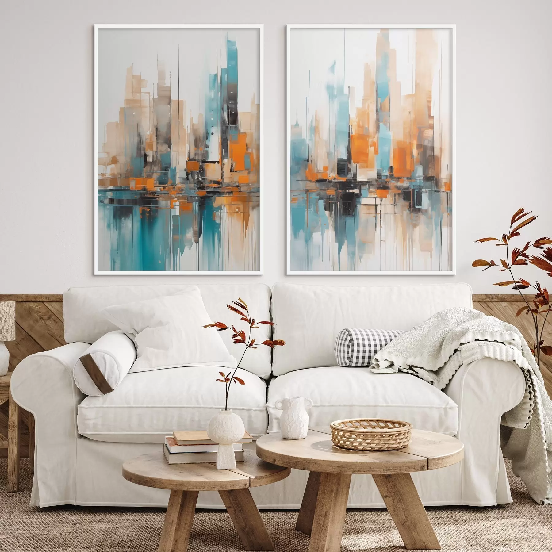 Fotobehang Abstract stadsgezicht met verticale penseelstreken in tinten oranje, blauw en wit, schilderstijl d00876