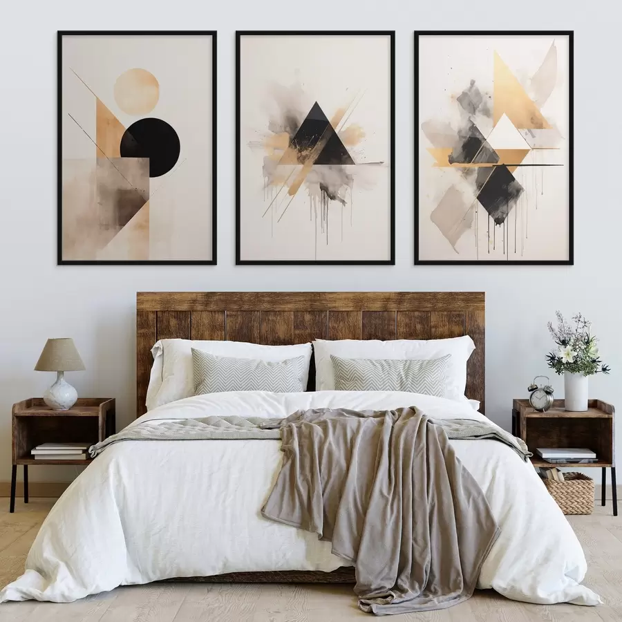 Fotobehang Geometrische driehoeken met inktvlekken, zwart en oker d00963