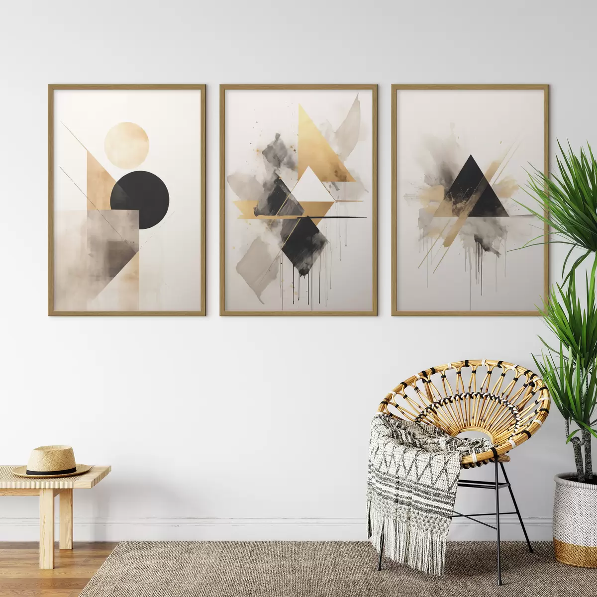 Poster Geometrische driehoeken met inktvlekken, zwart en oker d00963