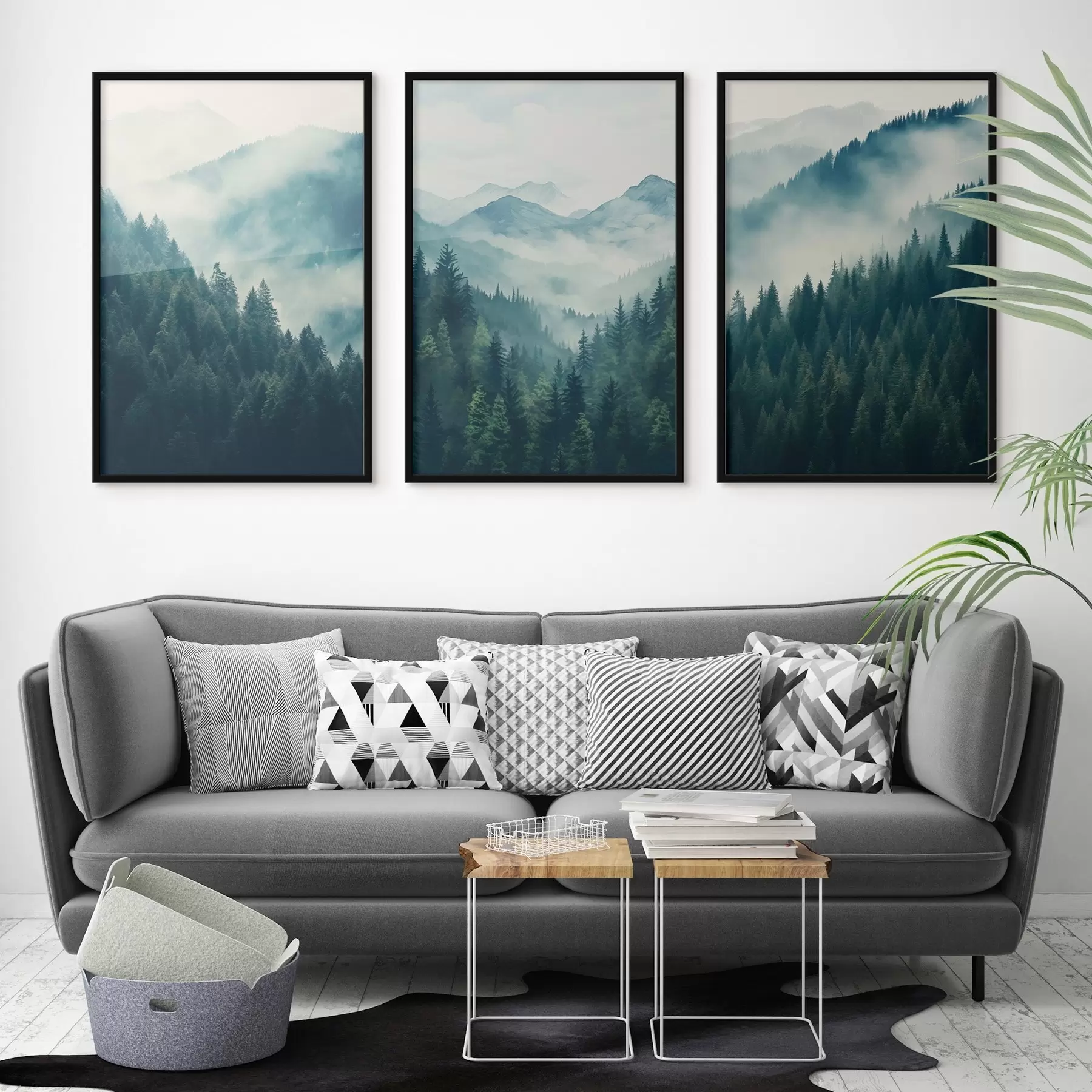 Fotobehang Mistige dennenbergen gehuld in zachte groene en blauwe tinten d00964