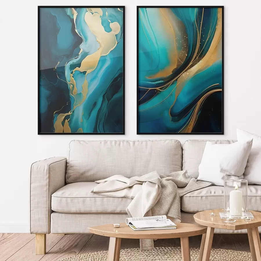 Fotobehang Teal vloeibaar abstract met warme metallic stromen d00965
