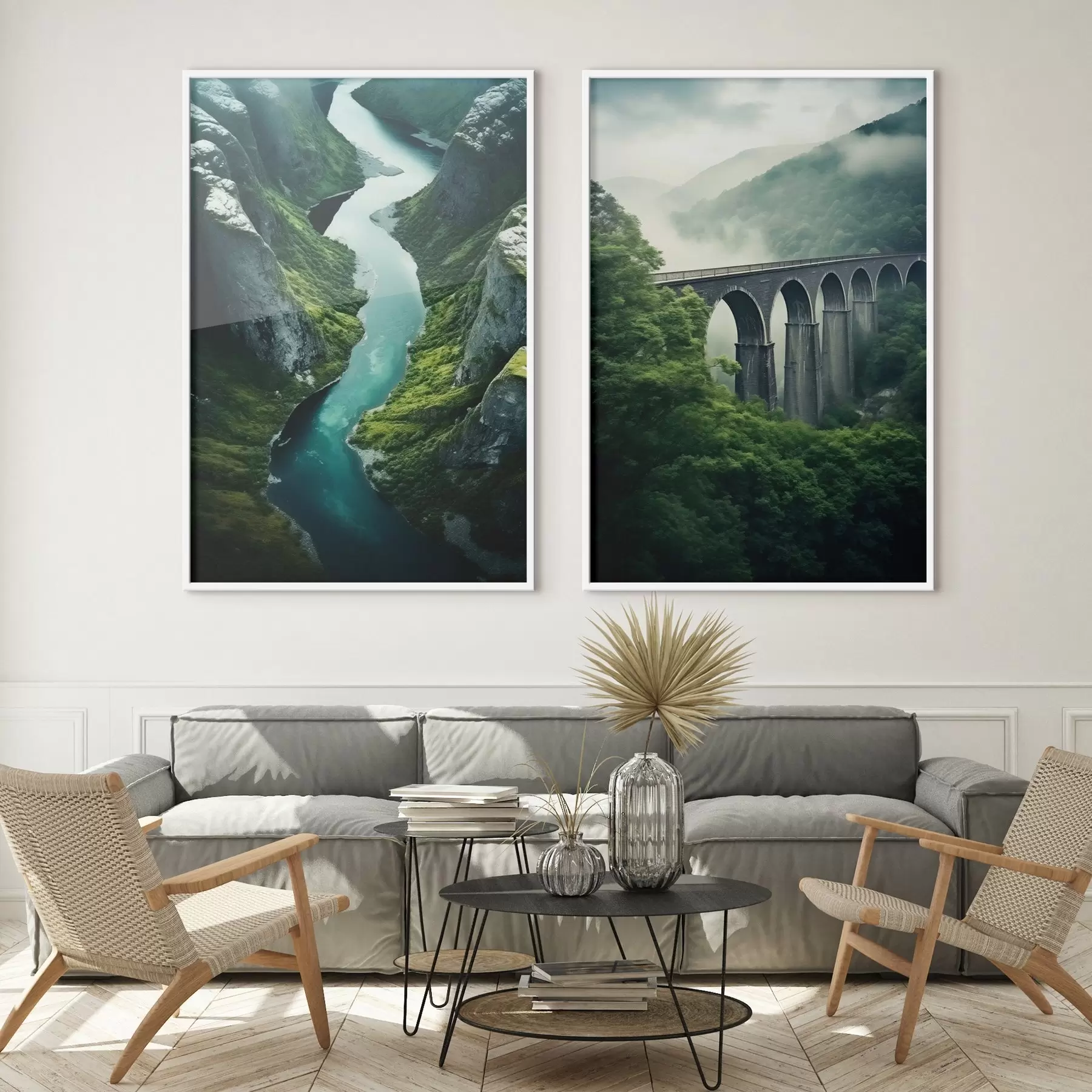 Fotobehang Luchtfoto van een rivierkloof en een mistig viaduct in groene heuvels d00967