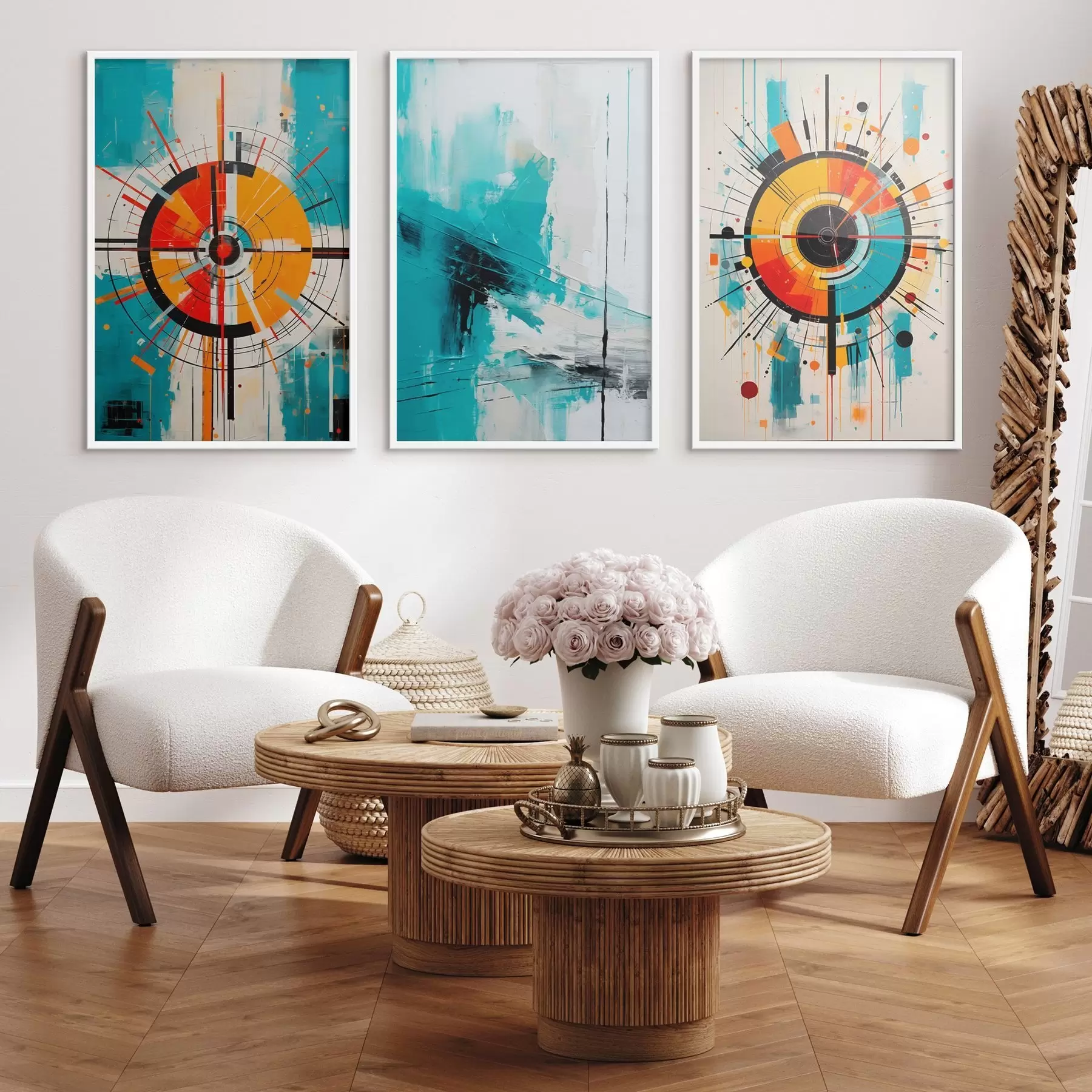 Fotobehang Radiaal abstract met blauwgroene en oranje uitbarstingen d00973