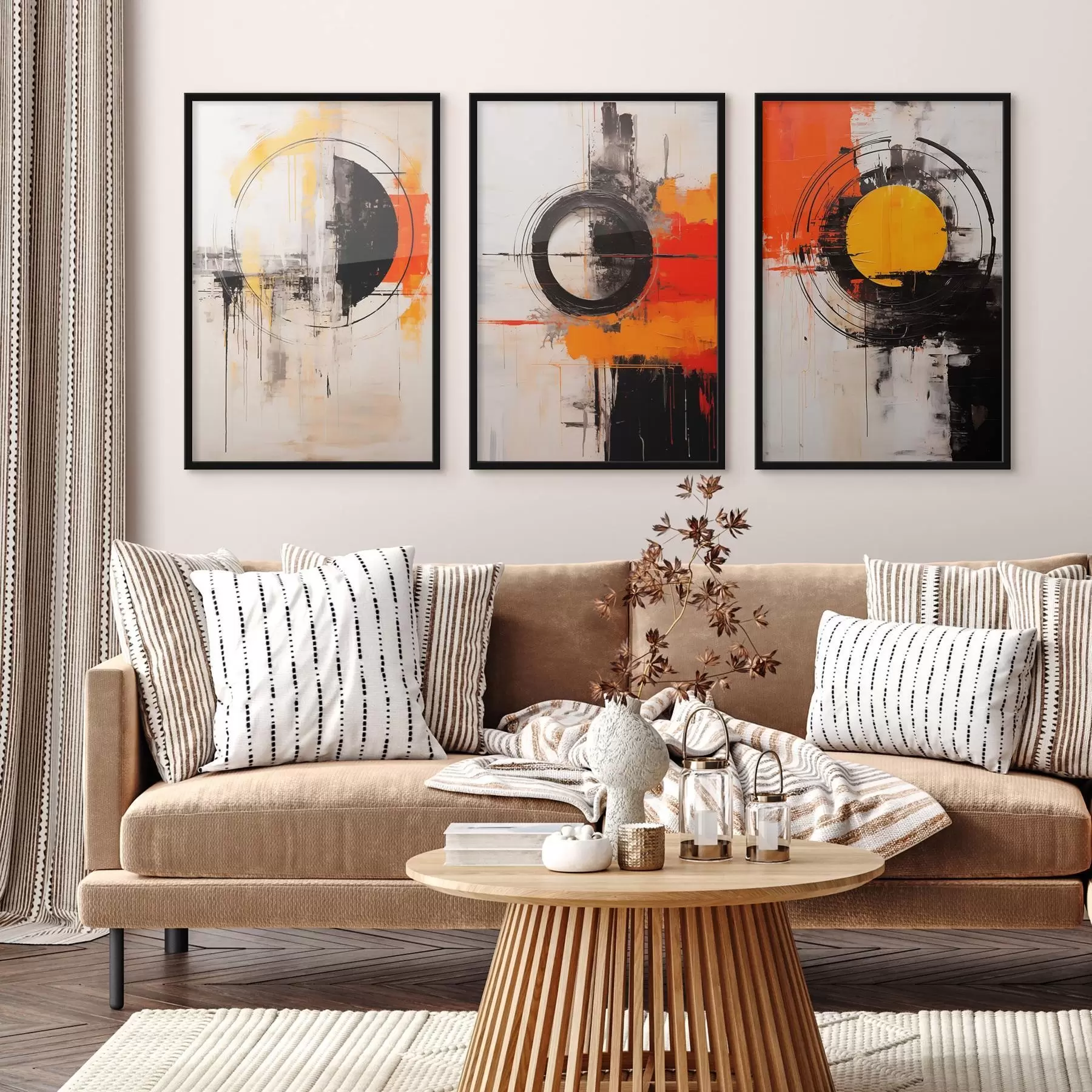 Fotobehang Getextureerde cirkels en krachtige streken in zwart, oker en oranje d00974