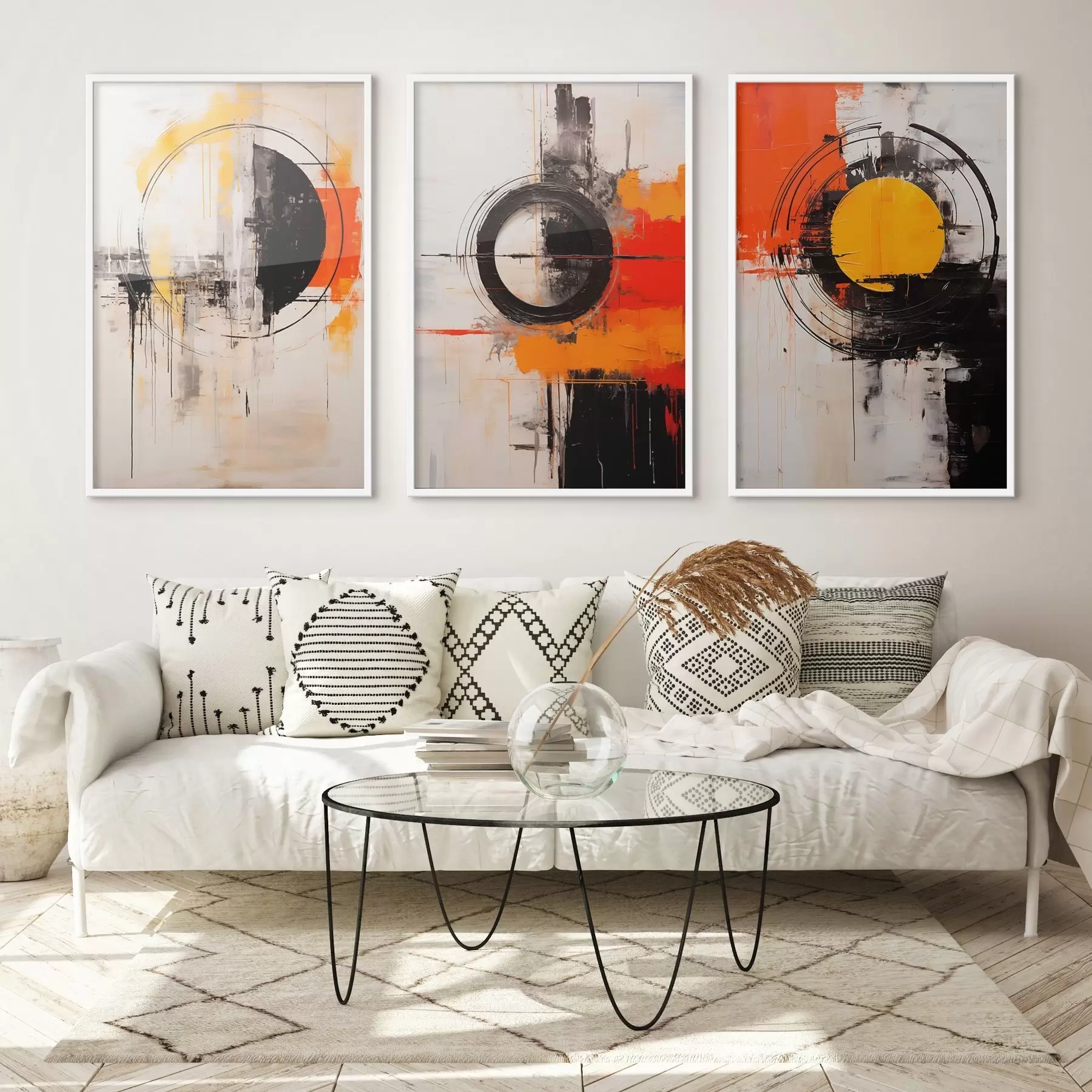 Fotobehang Getextureerde cirkels en krachtige streken in zwart, oker en oranje d00974