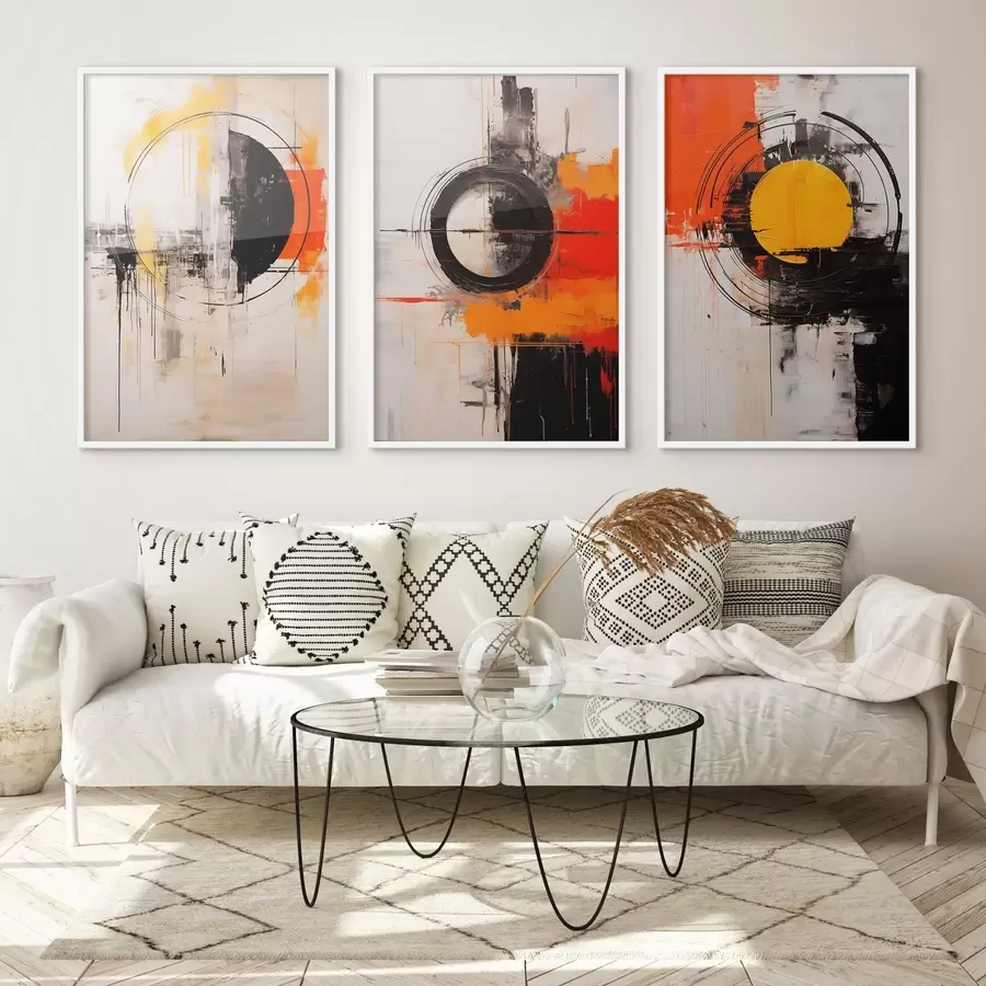 Fotobehang Getextureerde cirkels en krachtige streken in zwart, oker en oranje d00974