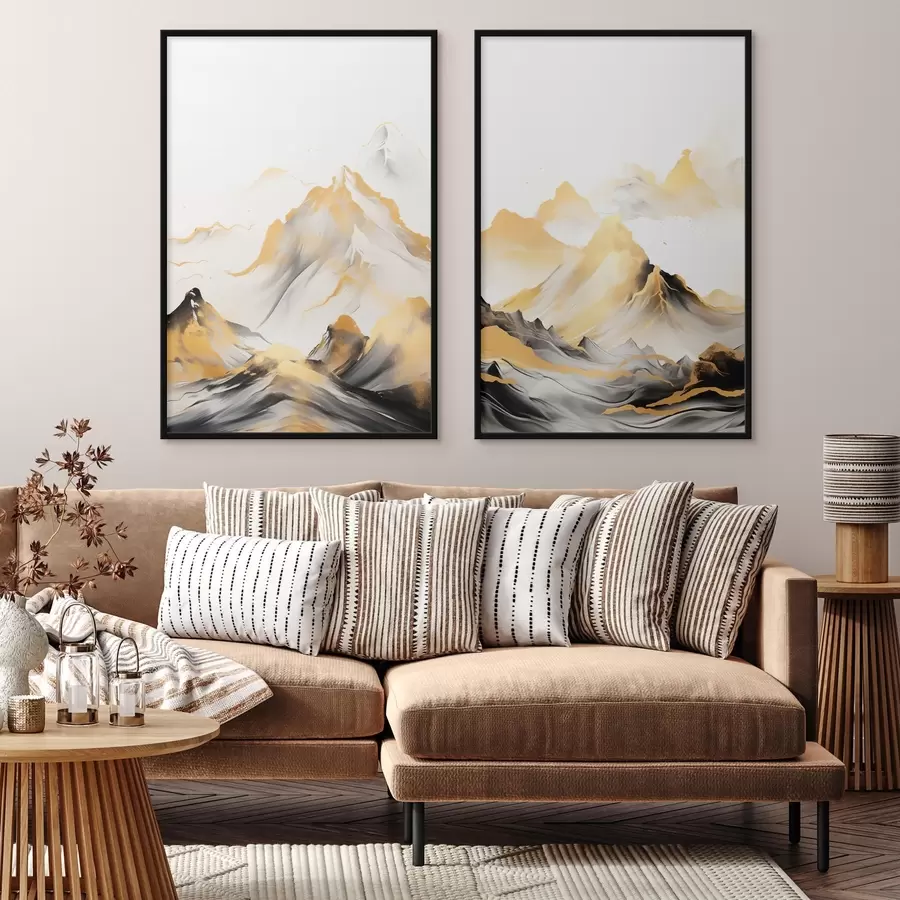 Fotobehang Getextureerde gele en zwarte bergen met besneeuwde toppen, inktwasstijl, minimalistische bergketen d01002