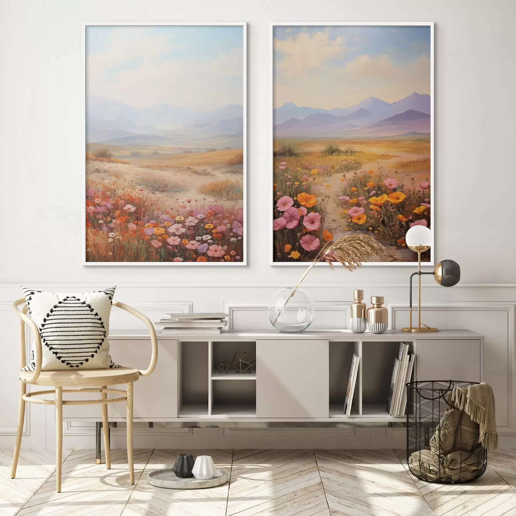 Fotobehang Landschap, een veld met kleurrijke bloemen en bergen op de achtergrond, zachte pastelkleuren d01003