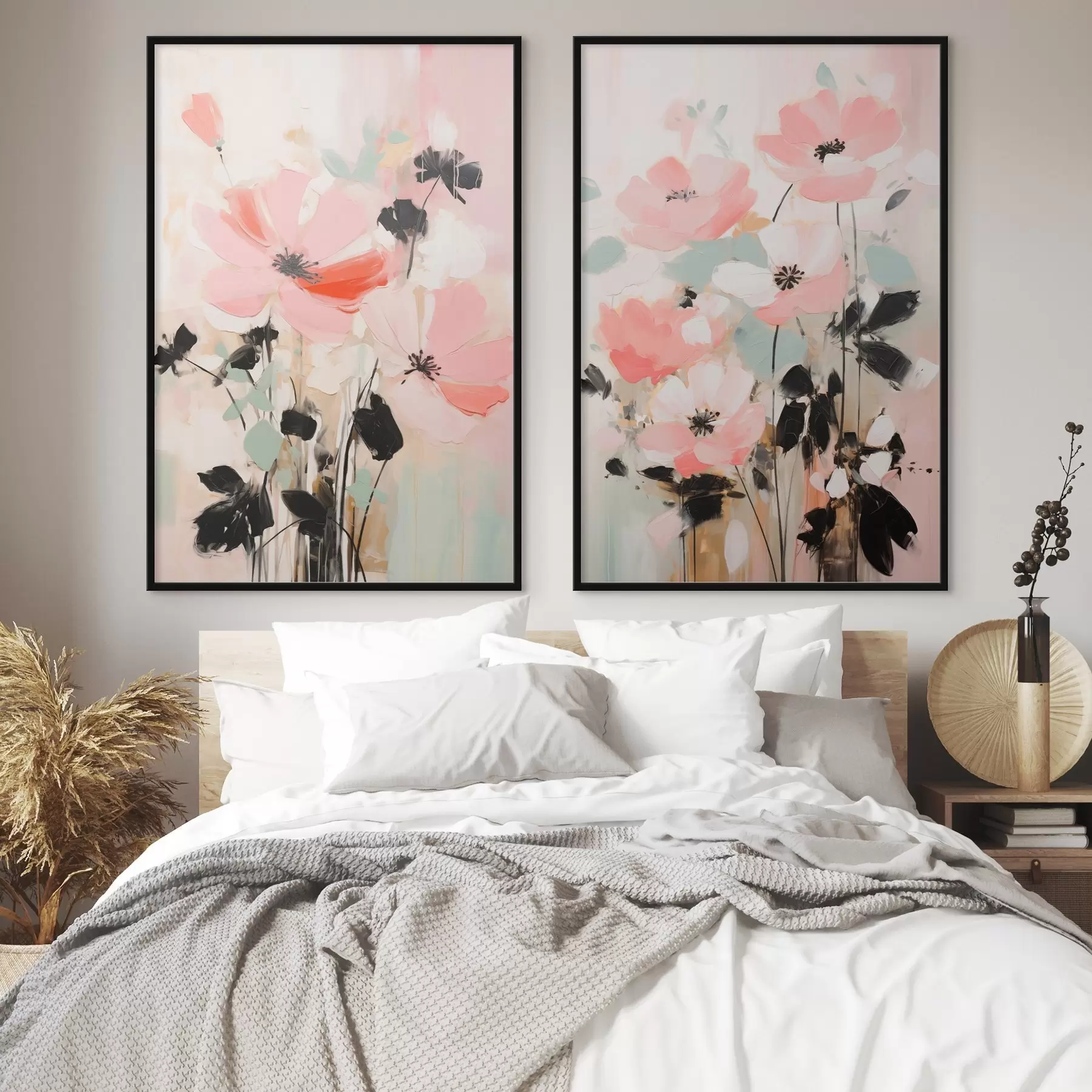 Fotobehang Roze en zwarte bloemen met bladeren, zachte pastelkleuren, abstract bloemstuk, minimalistische kunst d01004