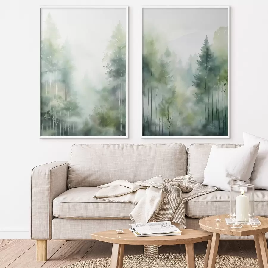 Fotobehang Aquarelschilderij imitatie van abstract bos met hoge bomen en groen gebladerte, zachte gedempte kleuren d01005