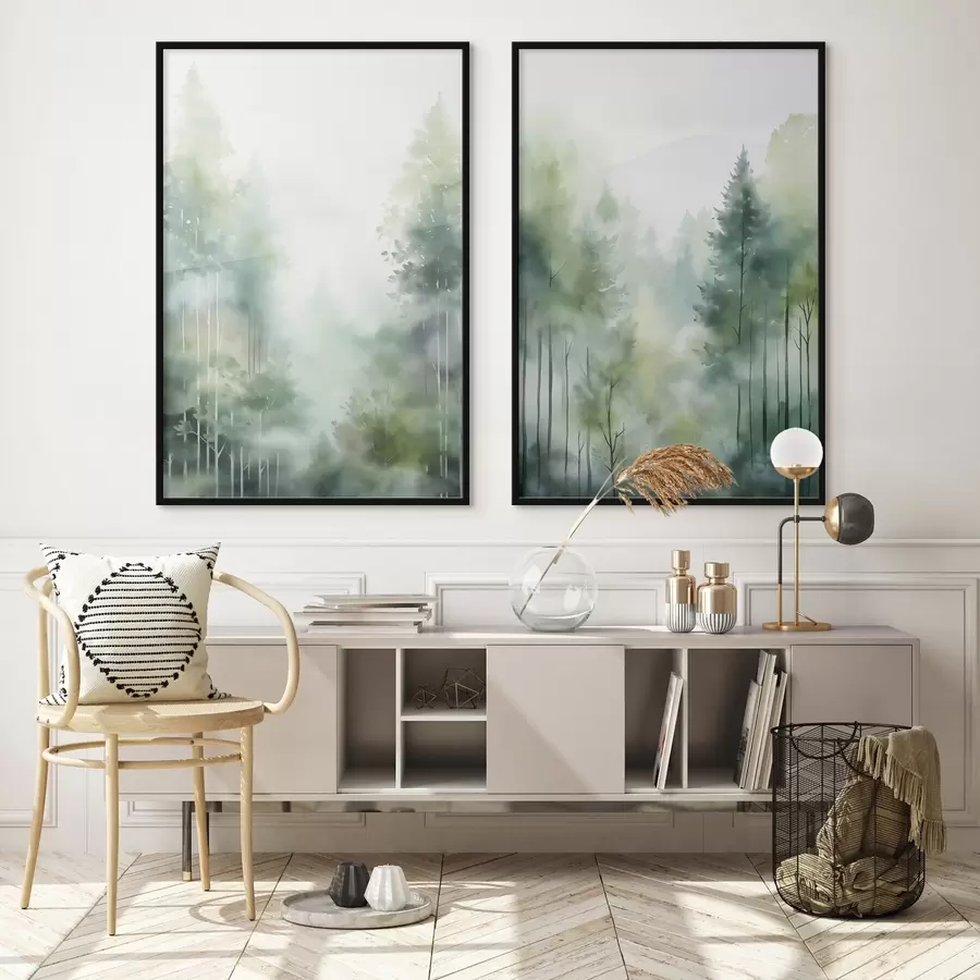 Fotobehang Aquarelschilderij imitatie van abstract bos met hoge bomen en groen gebladerte, zachte gedempte kleuren d01005