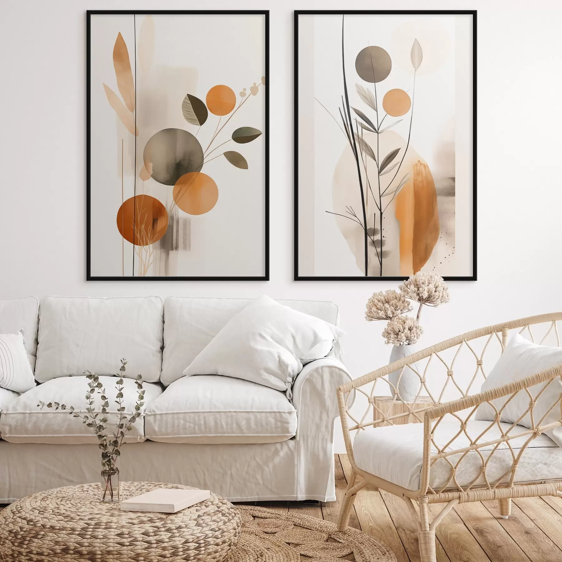 Fotobehang Abstracte schilderijimitatie met oranje en grijze cirkels, bladeren en takken, moderne stijl, aquareleffect d01009