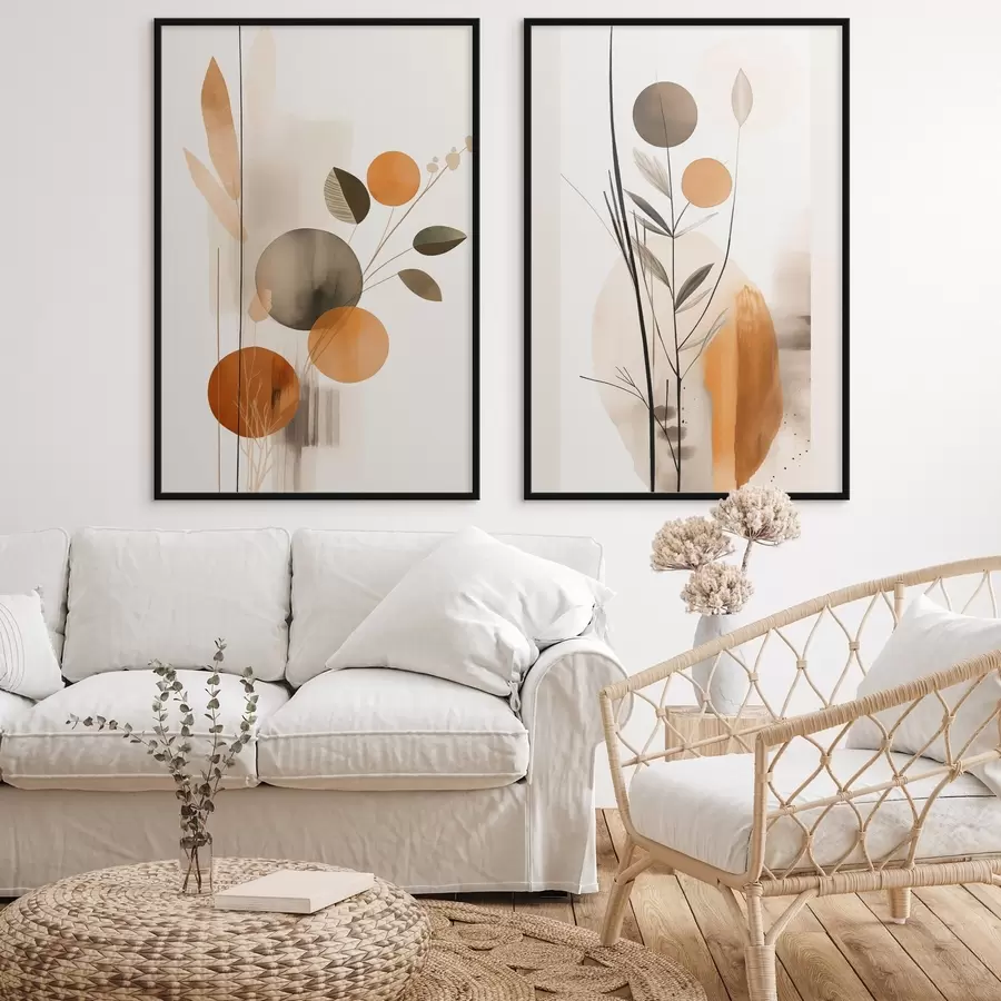 Fotobehang Abstracte schilderijimitatie met oranje en grijze cirkels, bladeren en takken, moderne stijl, aquareleffect d01009