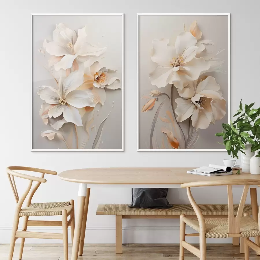 Fotobehang Witte bloemen, bloemblaadjes met zachte schaduwen, lichtbeige achtergrond, elegante compositie, minimalistische stijl d01010
