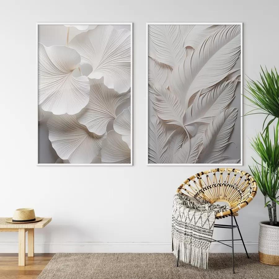 Fotobehang Witte ginkgobladeren en lange bladeren met ingewikkelde details, waardoor een gestructureerd en gelaagd effect ontstaat, minimalistische kunst d01013