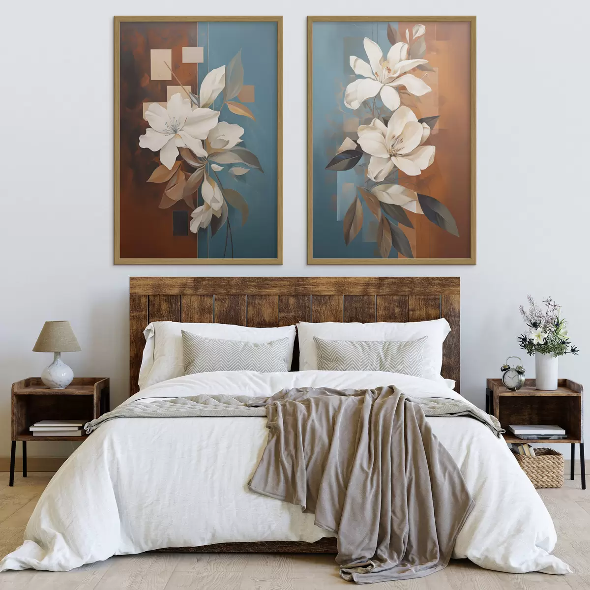 Poster Abstracte witte bloemen en bladeren tegen een achtergrond van bruin en blauw met abstracte vormen, in een minimalistische stijl d01015