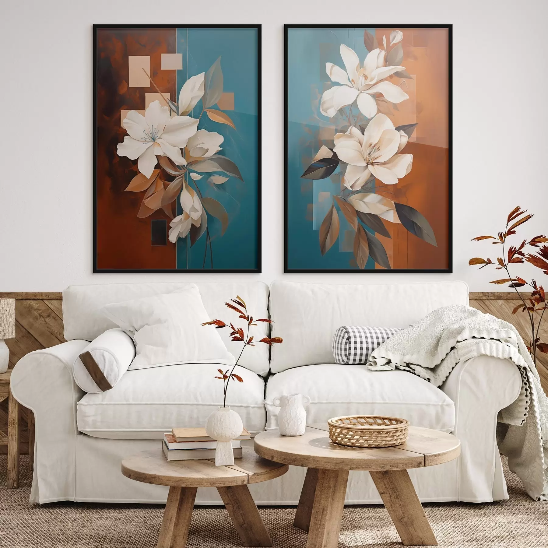 Fotobehang Abstracte witte bloemen en bladeren tegen een achtergrond van bruin en blauw met abstracte vormen, in een minimalistische stijl d01015