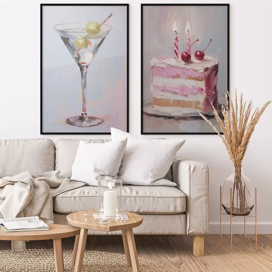 Fotobehang Een glas met een drankje en een stuk taart imitatie schilderij d01019