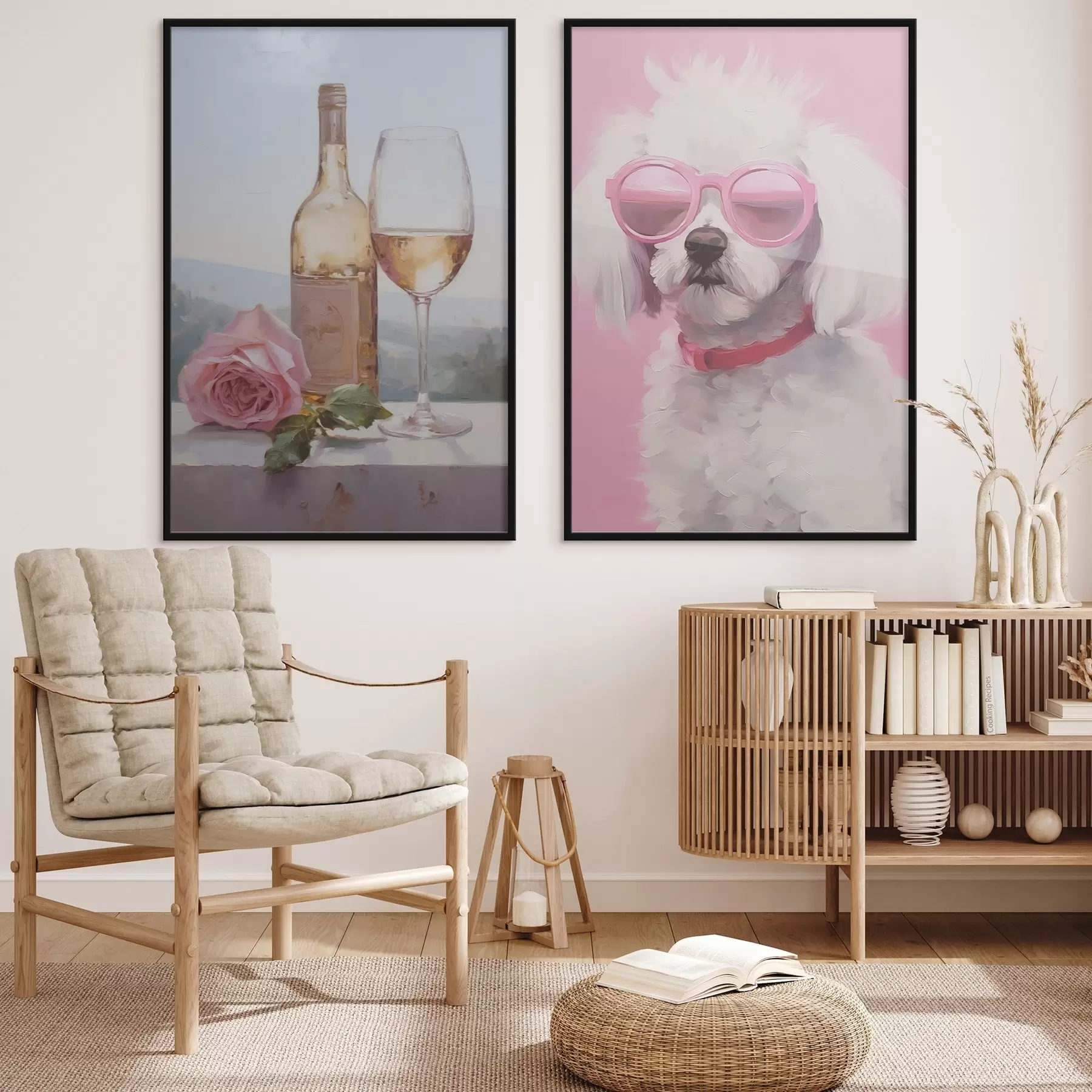 Fotobehang Een fles en een glas wijn en een poedel met een bril, imitatie schilderij d01021