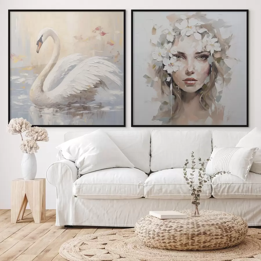 Fotobehang Zwaan en portret van een meisje, imitatie schilderij d01030