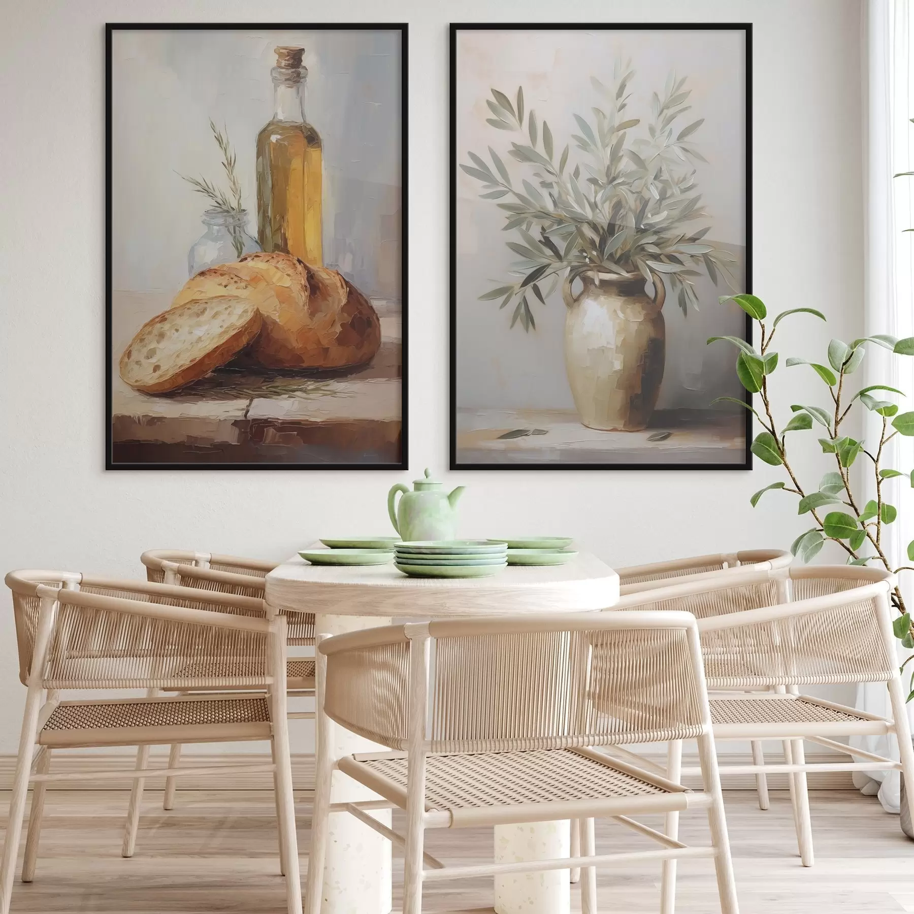 Fotobehang Olijftakken in een vaas, brood en een fles olie, imitatie schilderij d01035