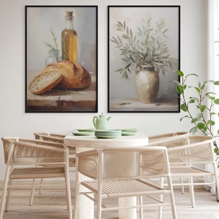 Fotobehang Olijftakken in een vaas, brood en een fles olie, imitatie schilderij d01035