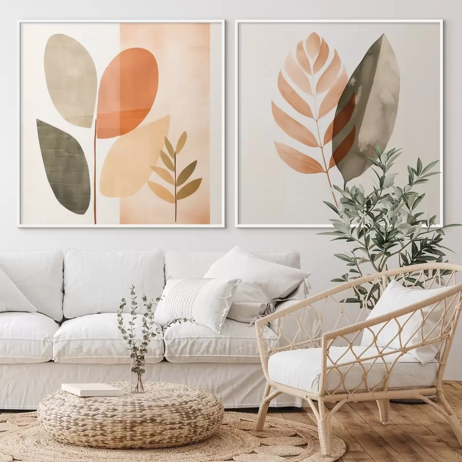 Fotobehang Tweeluik met botanische motieven in een pastelkleurig palet d00983