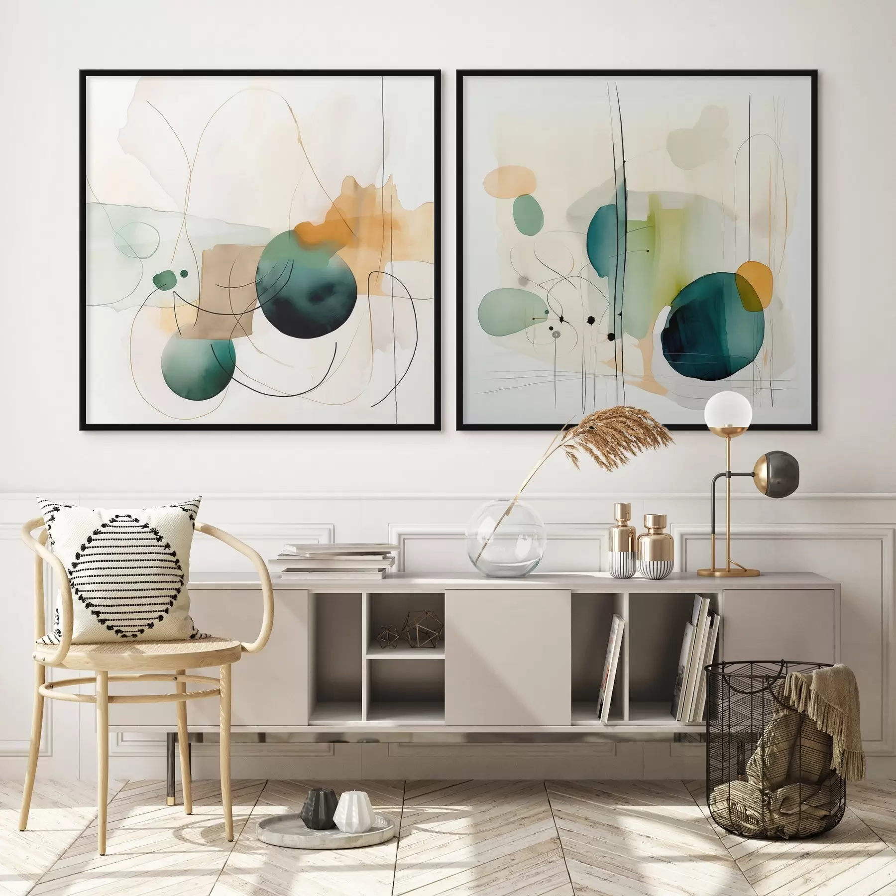 Fotobehang Tweedelige abstracte compositie met zachte kleurvlakken d00985