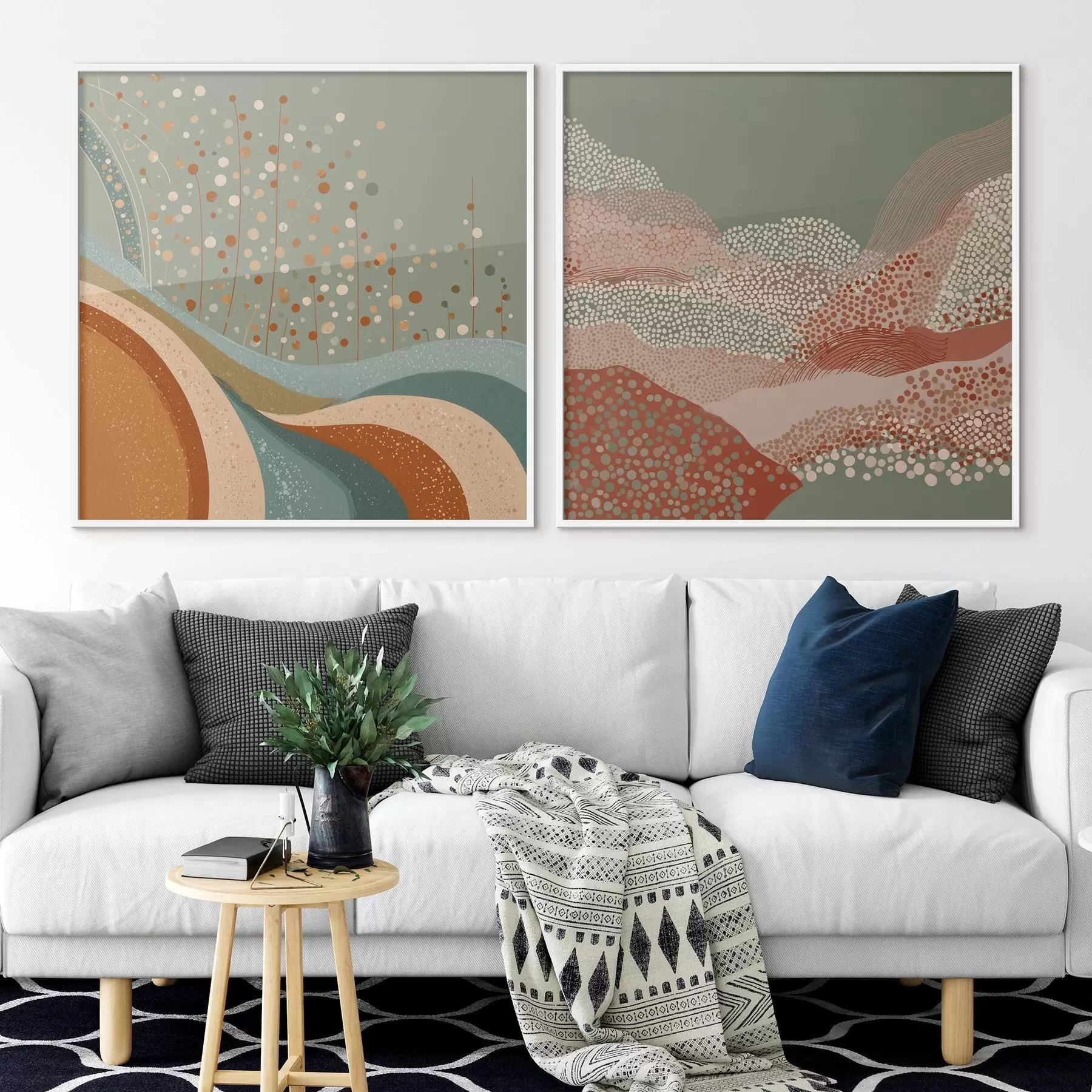 Fotobehang Tweedelig abstract landschap met gestippelde en golvende elementen d00987