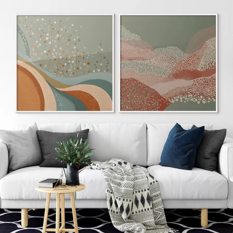 Fotobehang Tweedelig abstract landschap met gestippelde en golvende elementen d00987