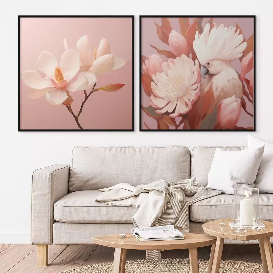 Fotobehang Bloemstuk met een vogel in een artistieke illustratiestijl d00994