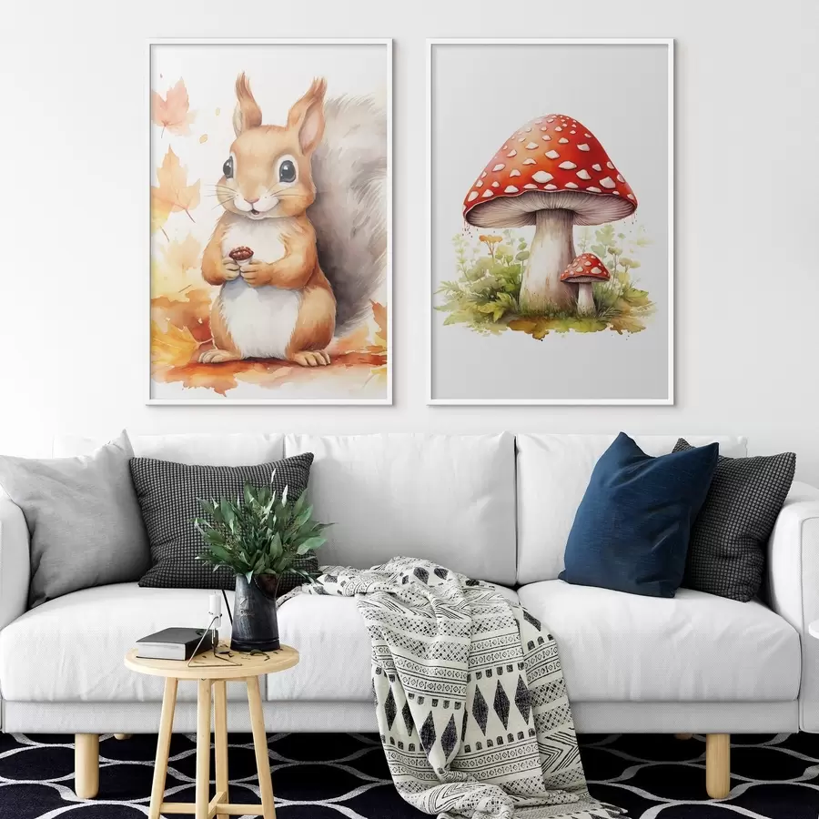 Fotobehang Eekhoorn en bospaddenstoel, vliegenzwam, imitatie-aquarel d01049