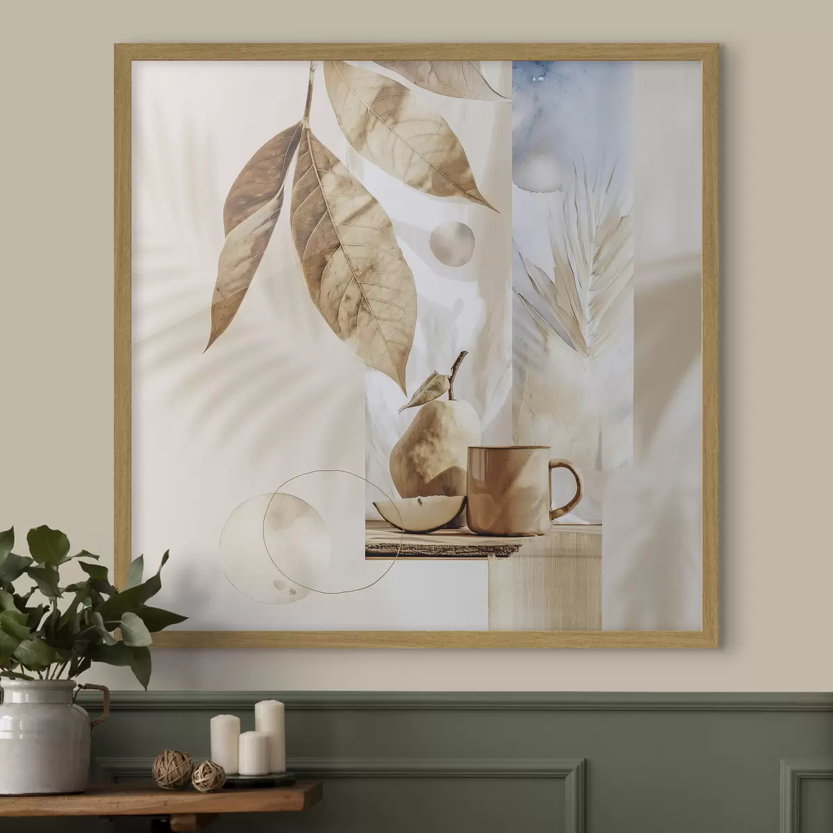 Poster Abstract met bladeren, peer en beker f47047