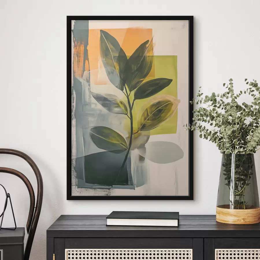 Fotobehang Een tak met bladeren op een abstracte achtergrond f47249