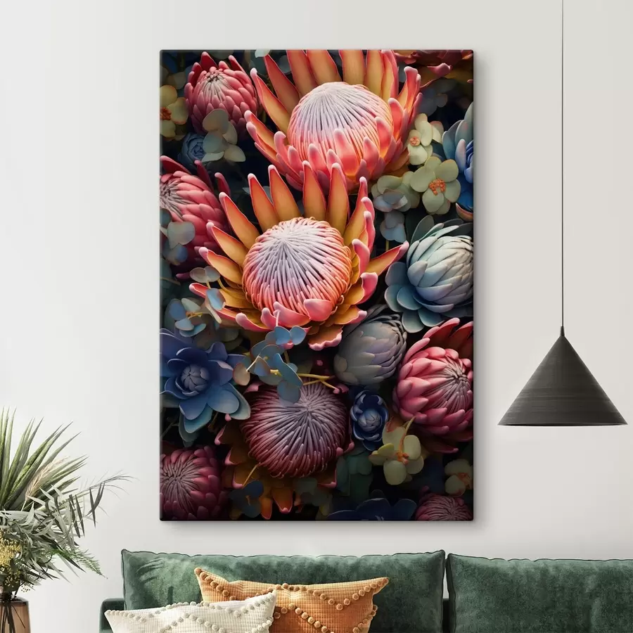  Schilderijen Samenstelling van protea's, eucalyptus en vetplanten in een fotorealistische digitale kunststijl s46925