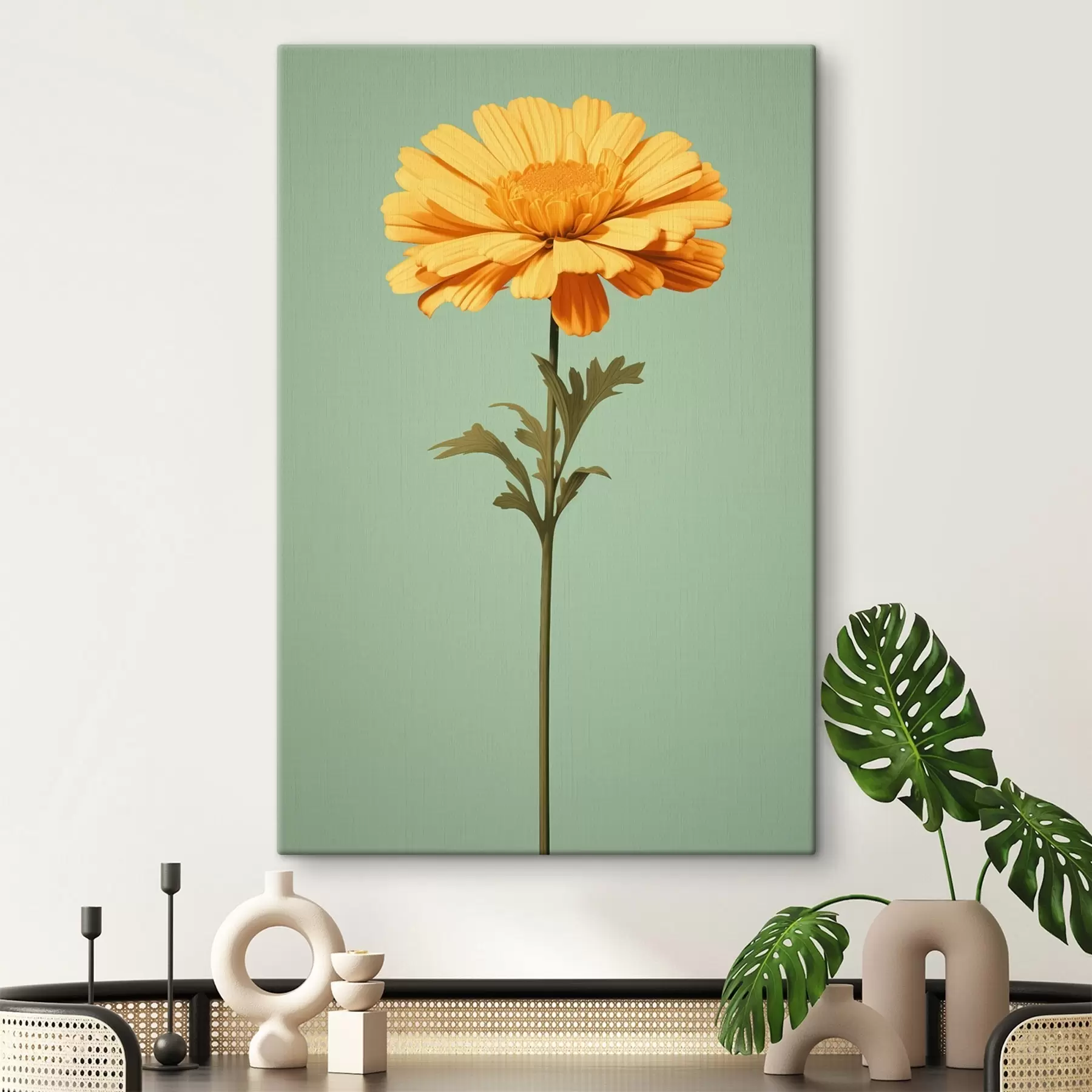  Schilderijen Gele calendula op een muntgroene achtergrond in minimalistische stijl s46926