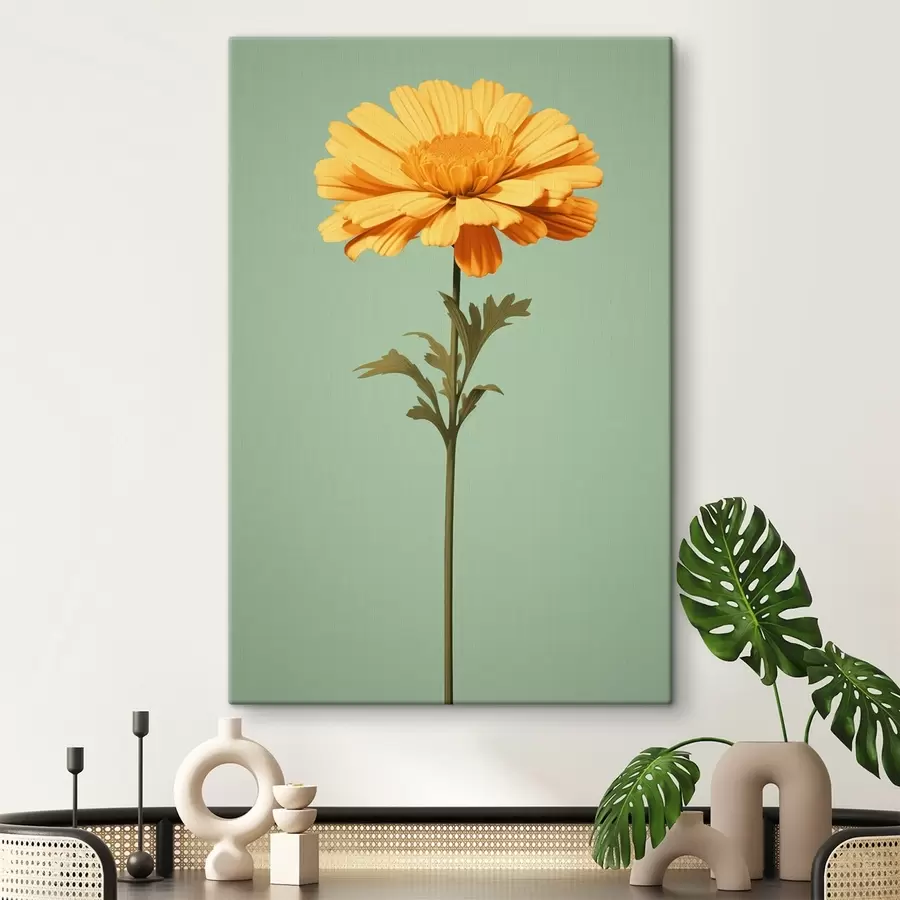  Schilderijen Gele calendula op een muntgroene achtergrond in minimalistische stijl s46926