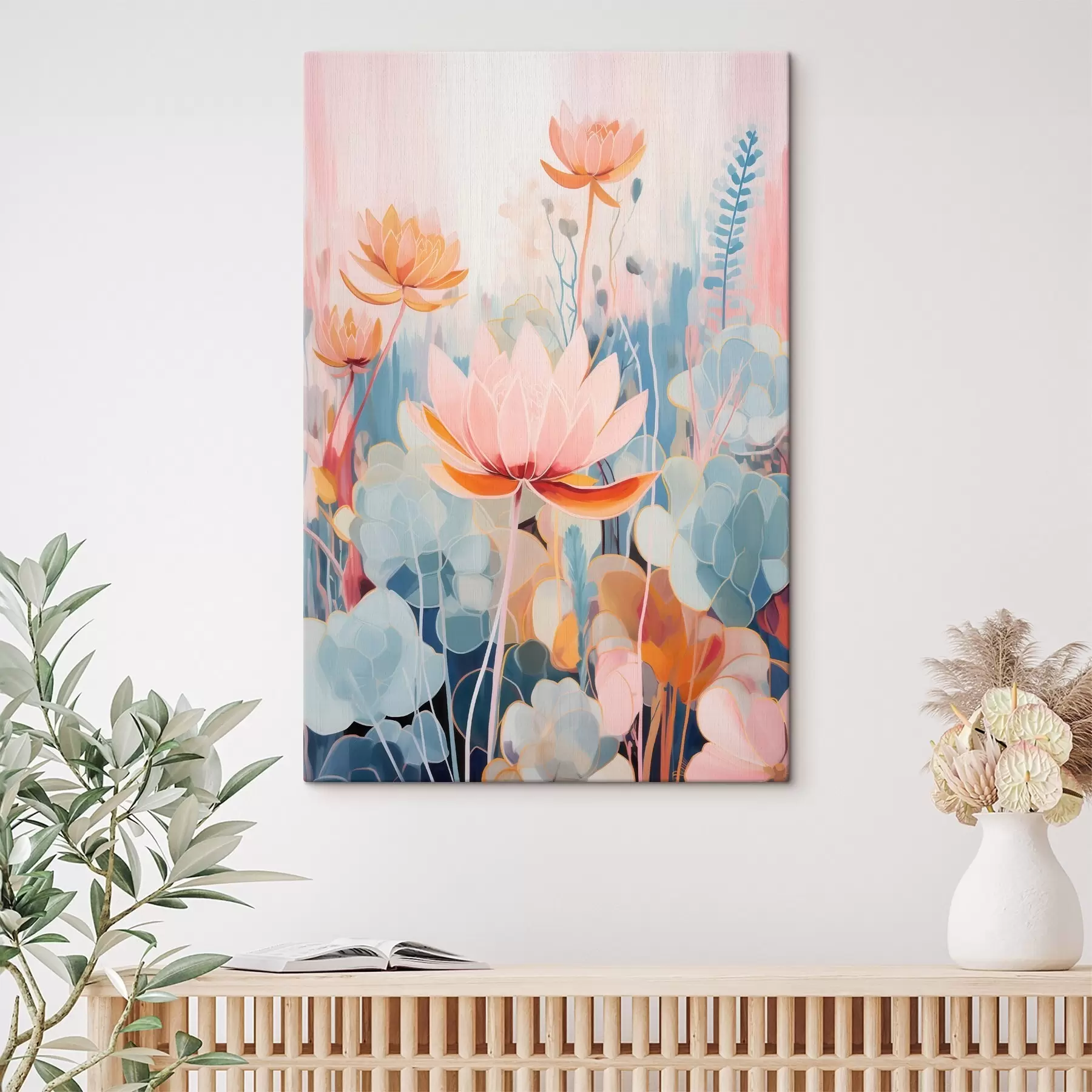  Schilderijen Lotusbloemen en decoratief blad in een roze-blauw kleurenpalet s46929