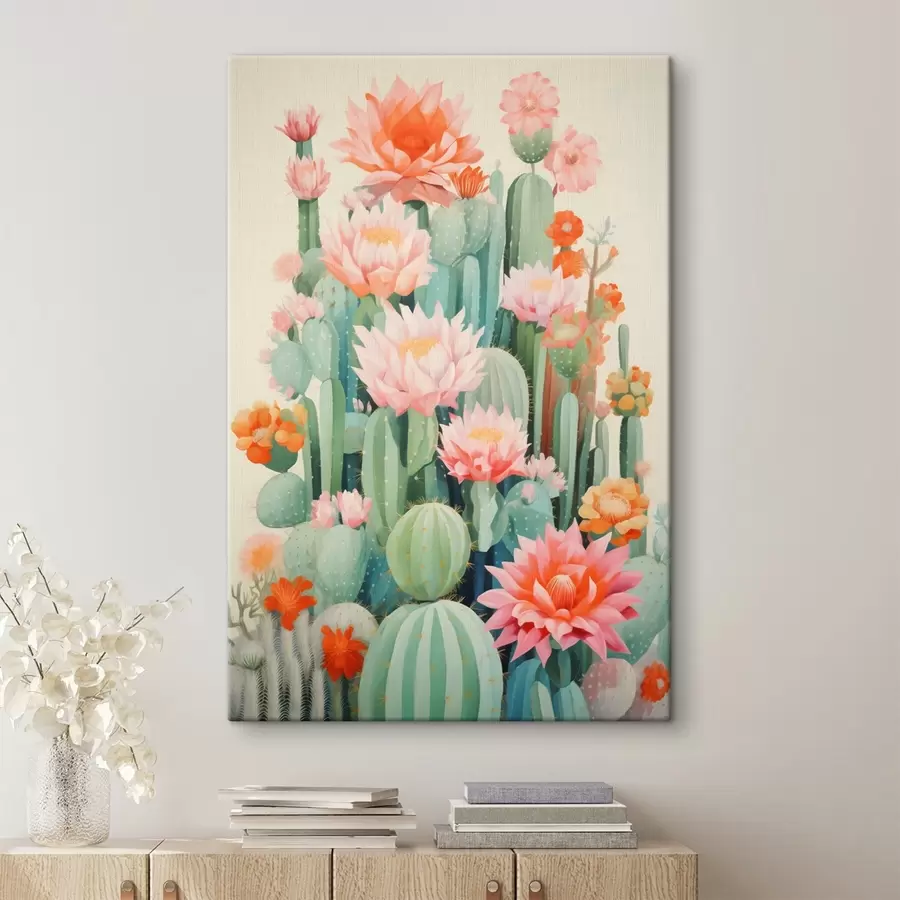  Schilderijen Bloeiende cactussen met roze en oranje bloemen in illustratiestijl s46934