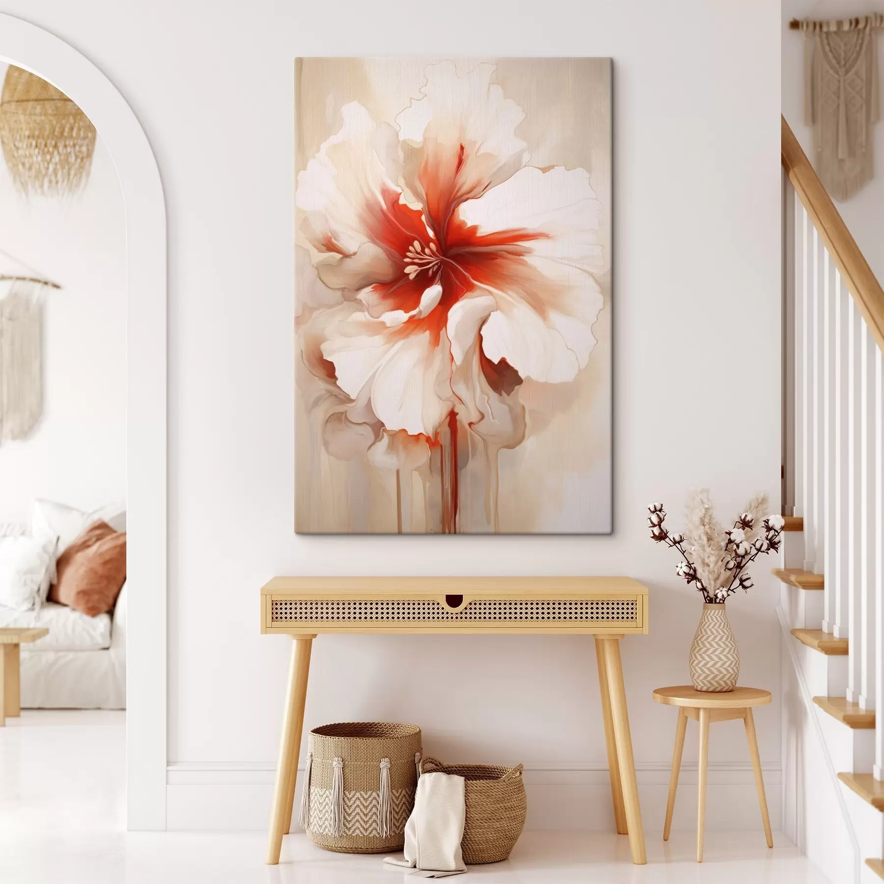  Schilderijen Close-up van een witte en rode bloem met semi-transparante bloemblaadjes en vloeiende verfdruppels s46941