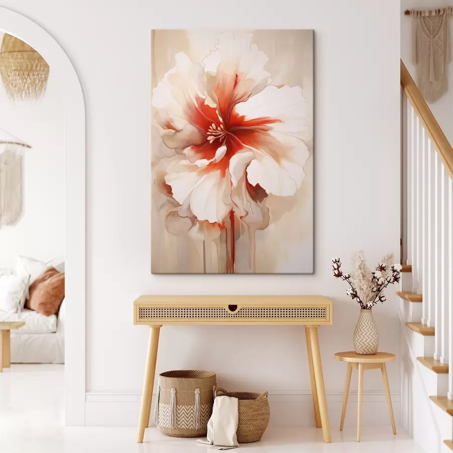  Schilderijen Close-up van een witte en rode bloem met semi-transparante bloemblaadjes en vloeiende verfdruppels s46941