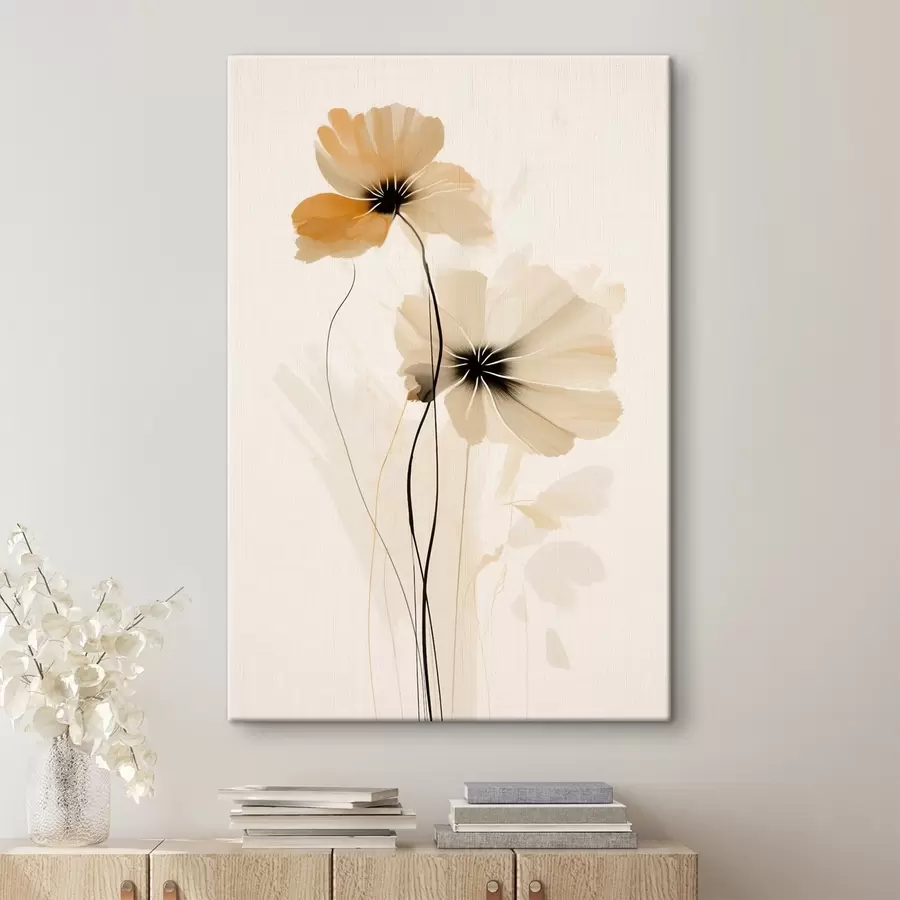  Schilderijen Bloemen in een beige-perzikkleurig palet met donkere hartjes in een minimalistische stijl s46945