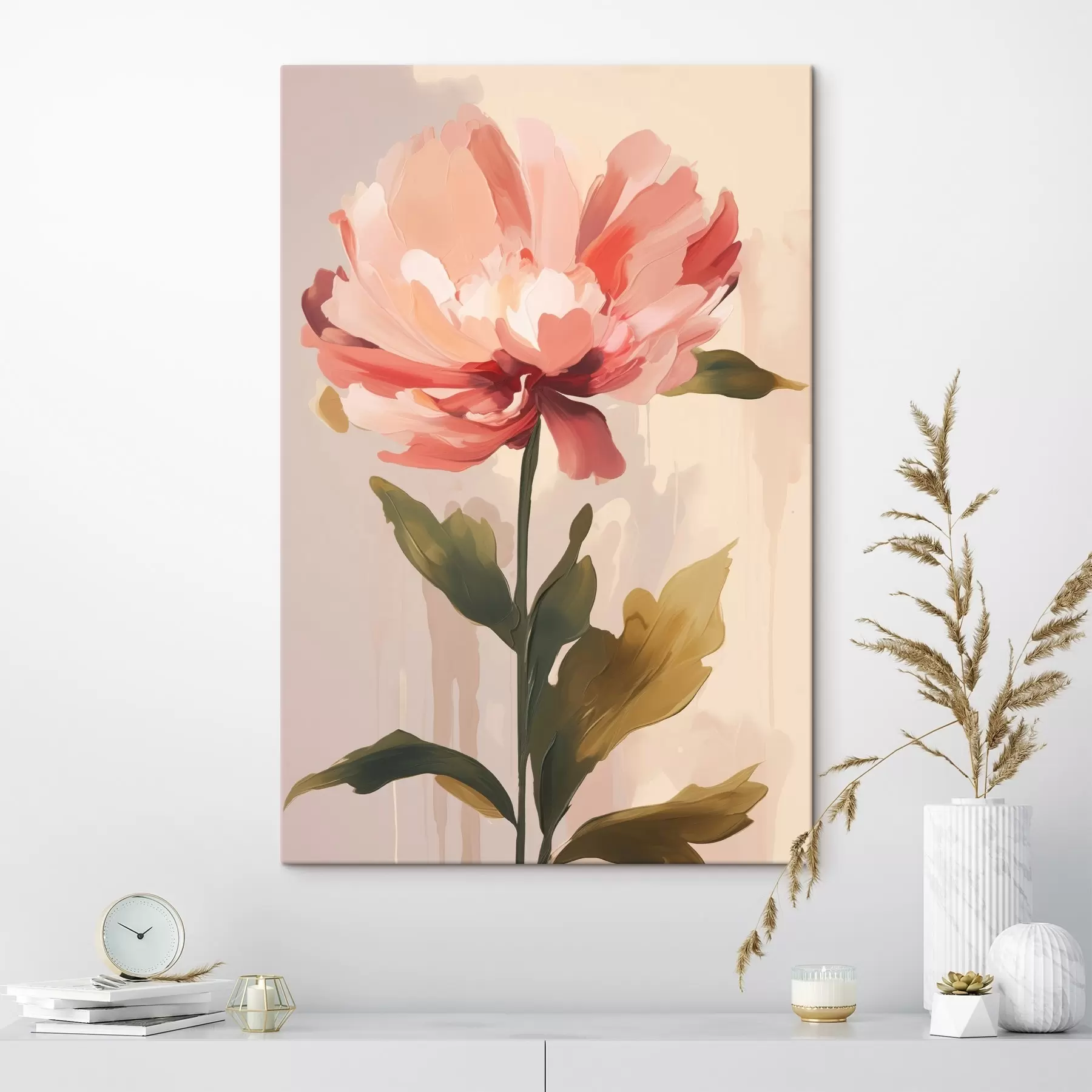  Schilderijen Pioenroos met koraalroze bloemblaadjes in een moderne illustratiestijl s46948