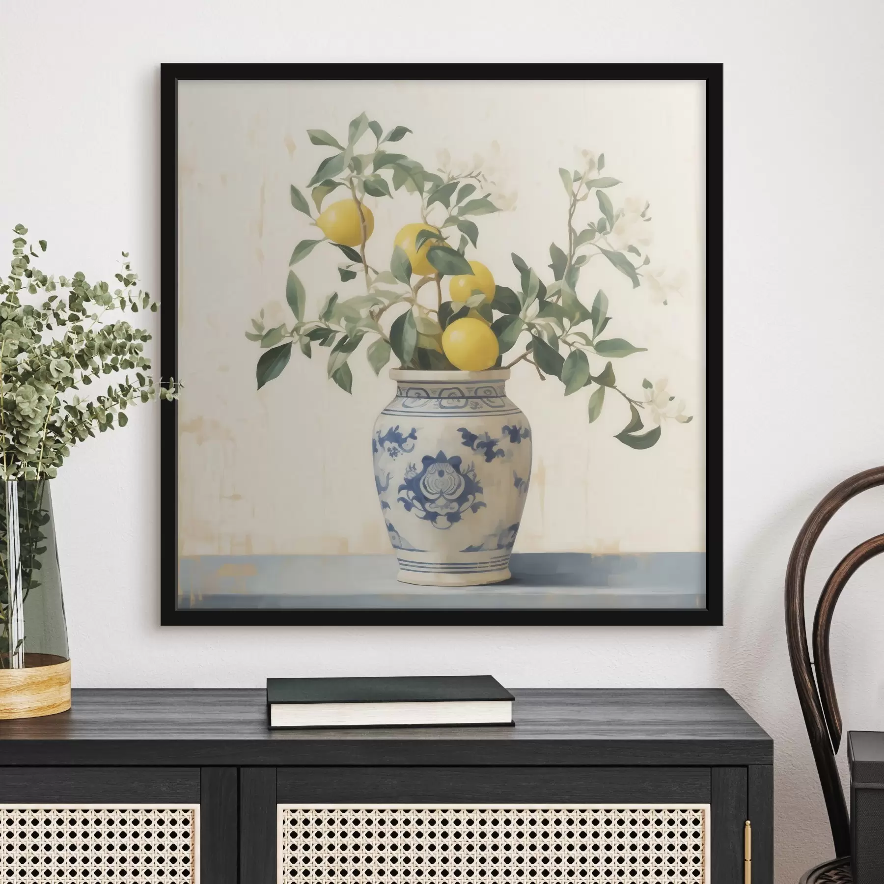 Fotobehang Citroenen in een blauw-witte keramische vaas in de stijl van een olieverfschilderij f46924