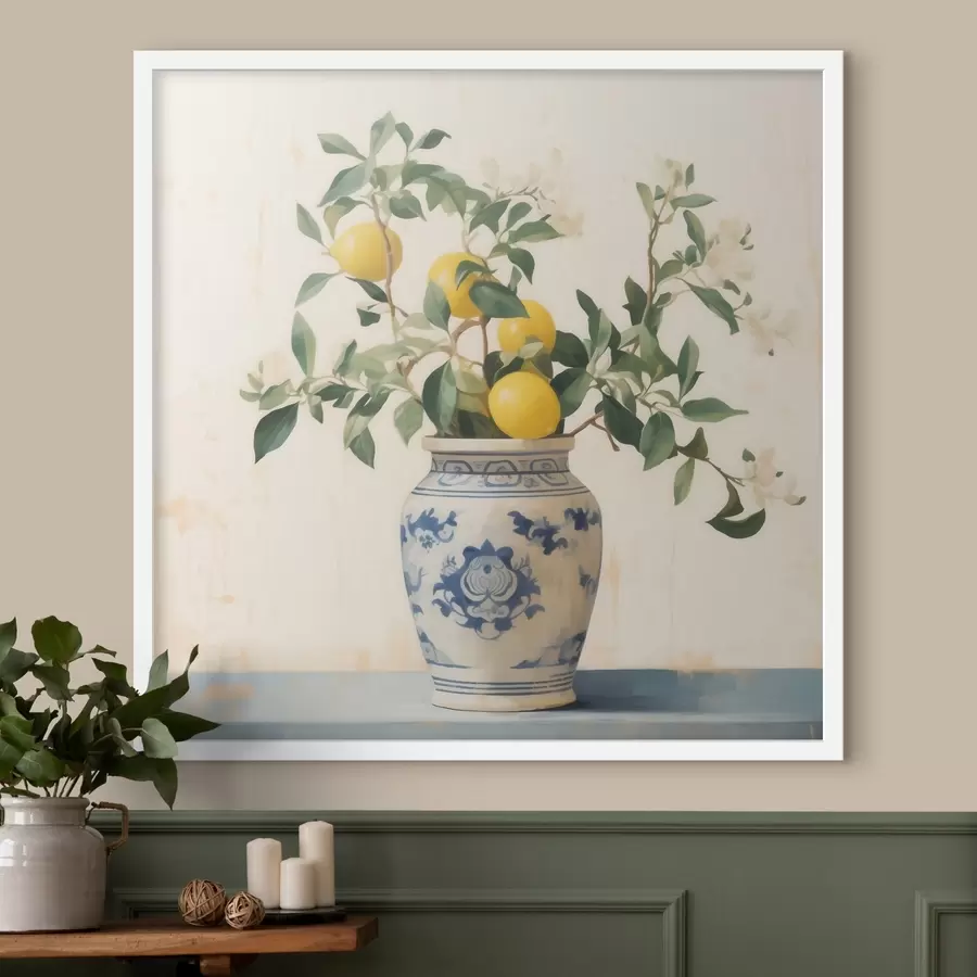Fotobehang Citroenen in een blauw-witte keramische vaas in de stijl van een olieverfschilderij f46924