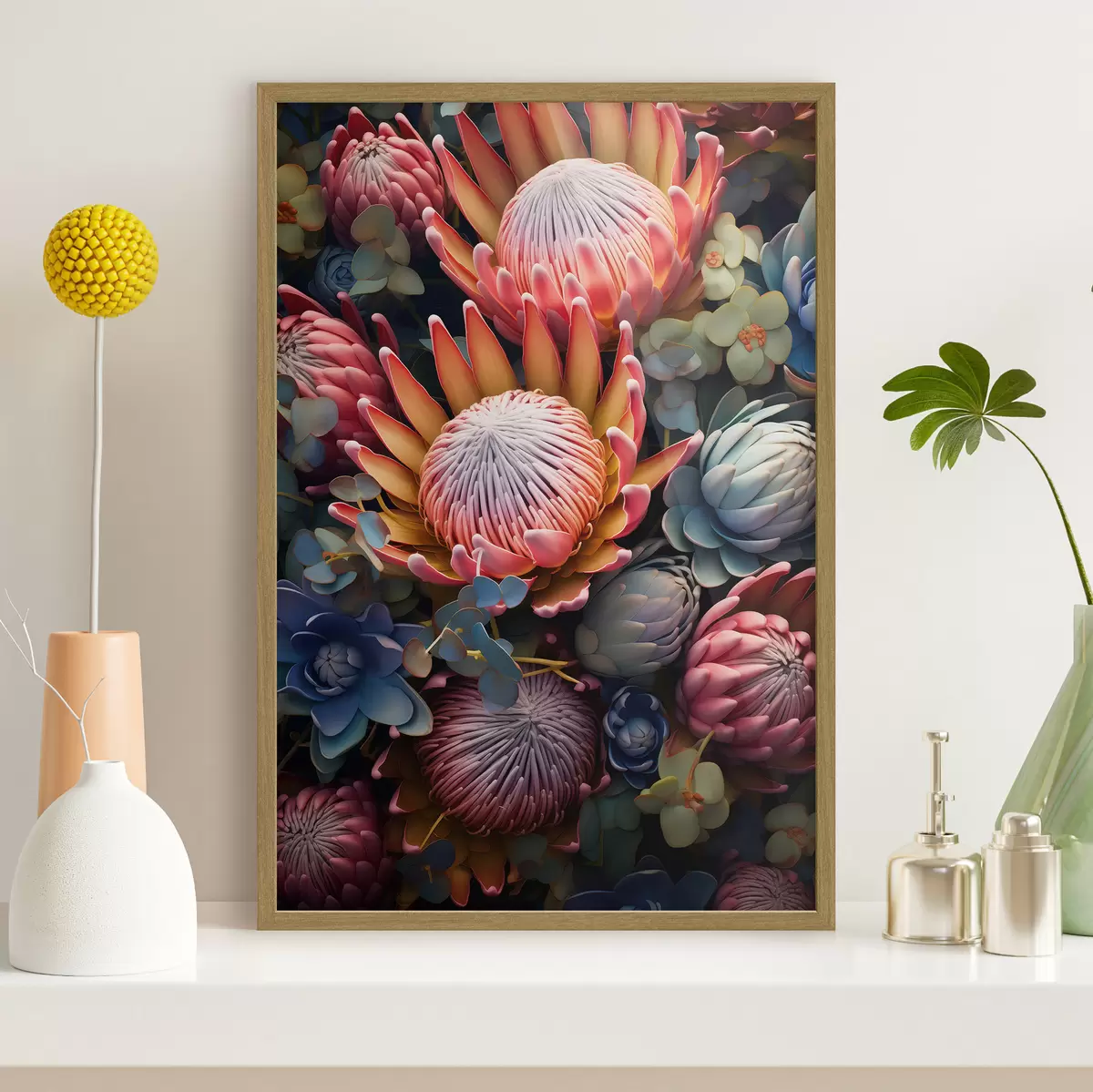 Poster Samenstelling van protea's, eucalyptus en vetplanten in een fotorealistische digitale kunststijl f46925